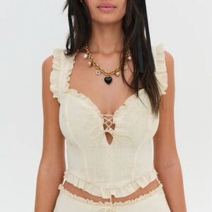 For Love & Lemons Cream Ruffle Lace-Up Bustier Top